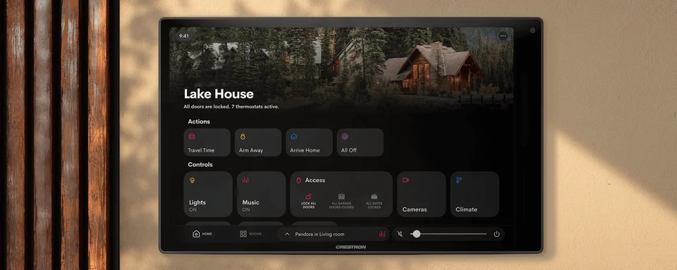 Crestron 80 Series touchscreen showing Crestron Home lighting, music, access and climate controls