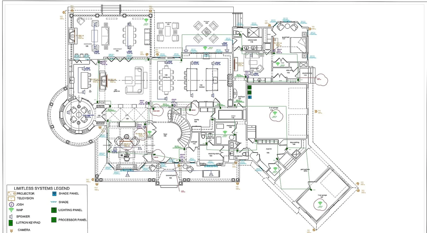 CAD floor plan with low-voltage device locations and wiring routes