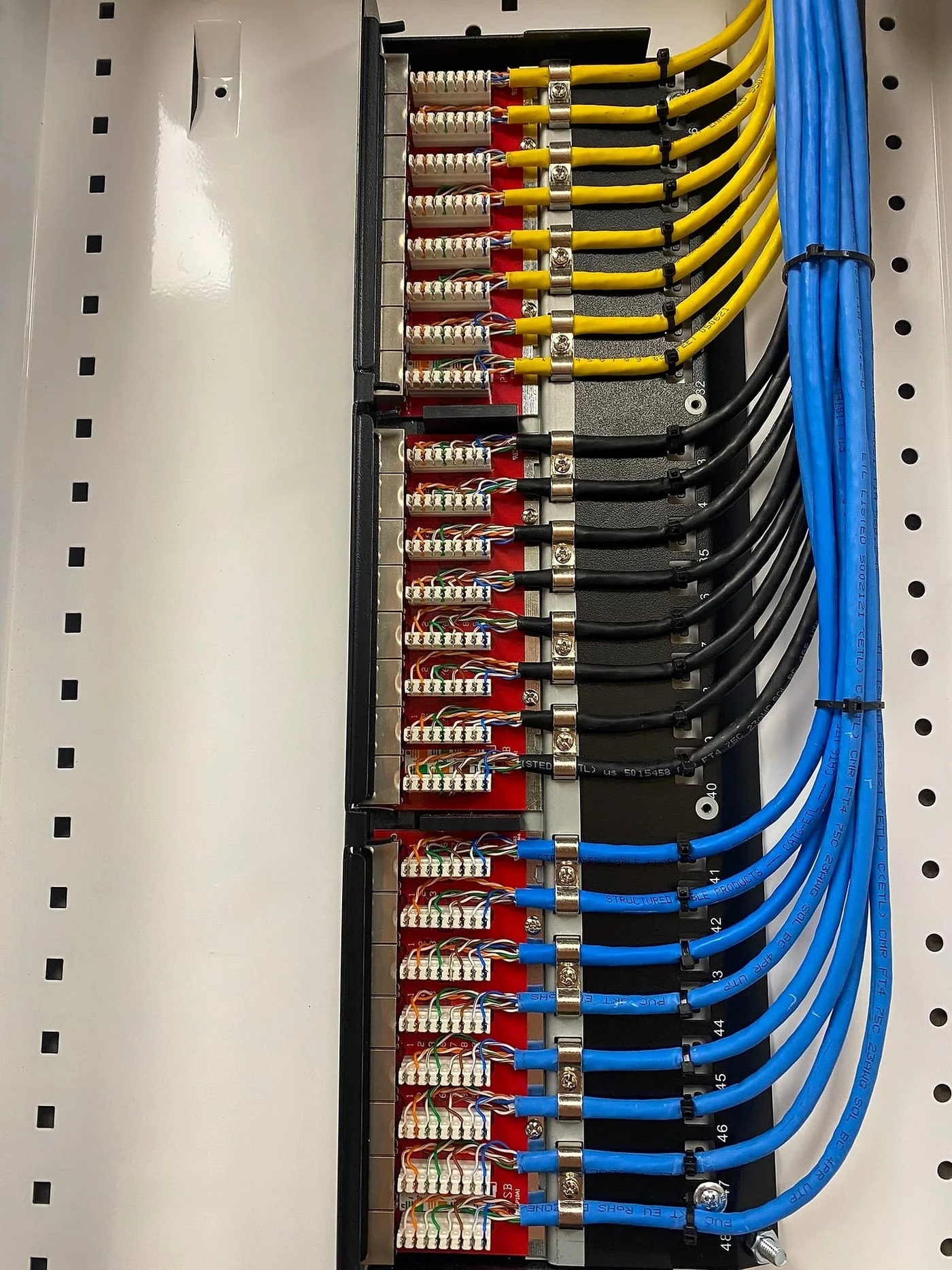 Color-grouped cables secured and terminated at a patch panel