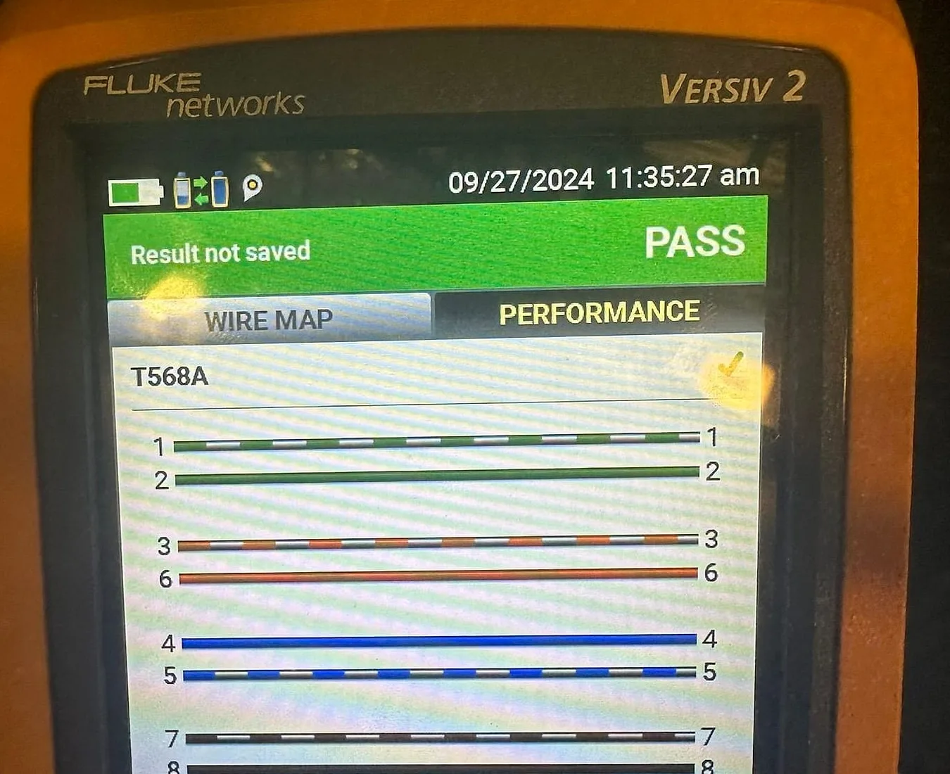 Fluke Versiv copper wire-map test showing PASS
