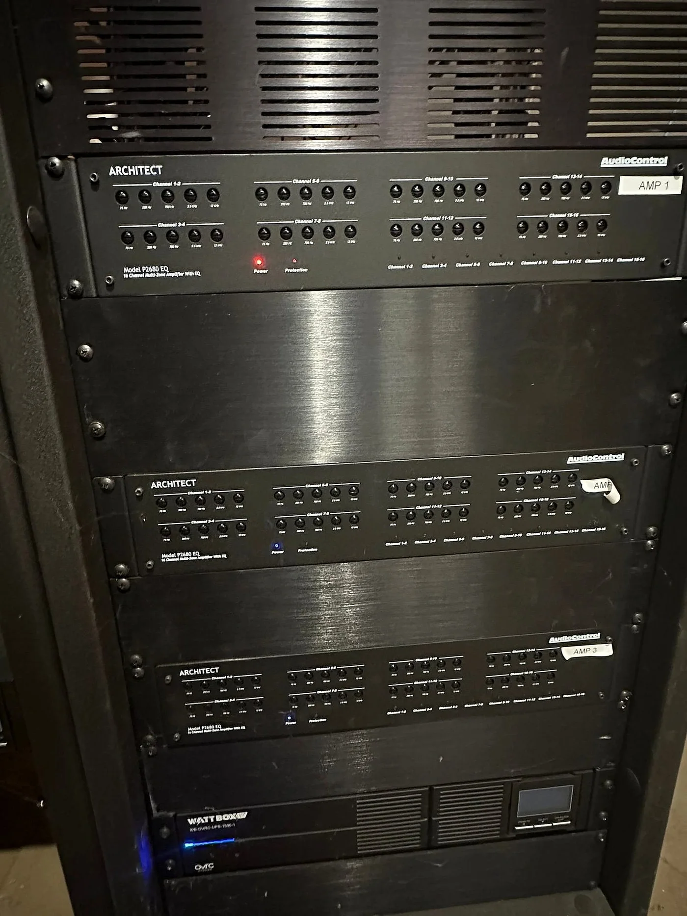 Rack-mounted audio amplifiers and power equipment