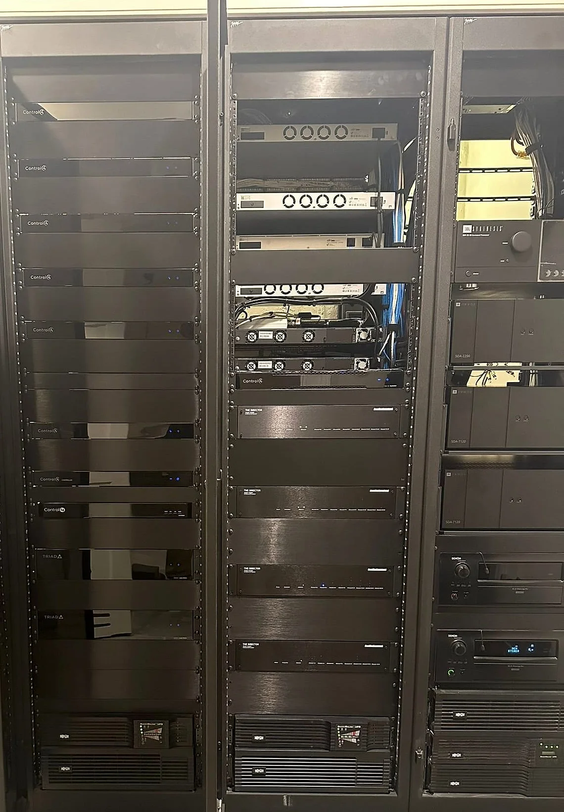 Equipment-room cabinets with audio and control hardware