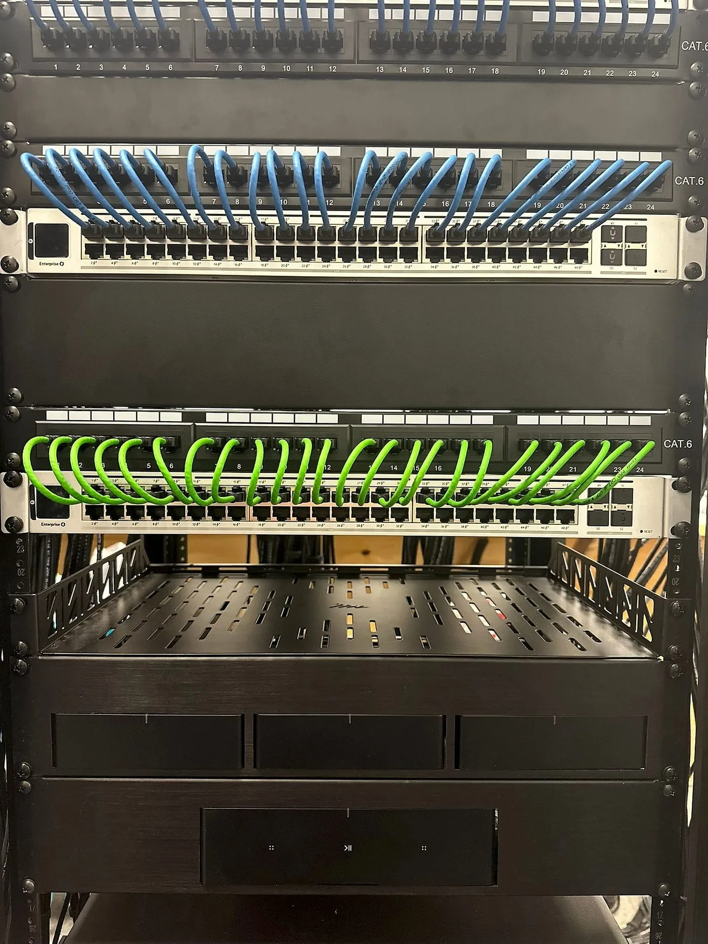 Network rack with color-coded patch cables