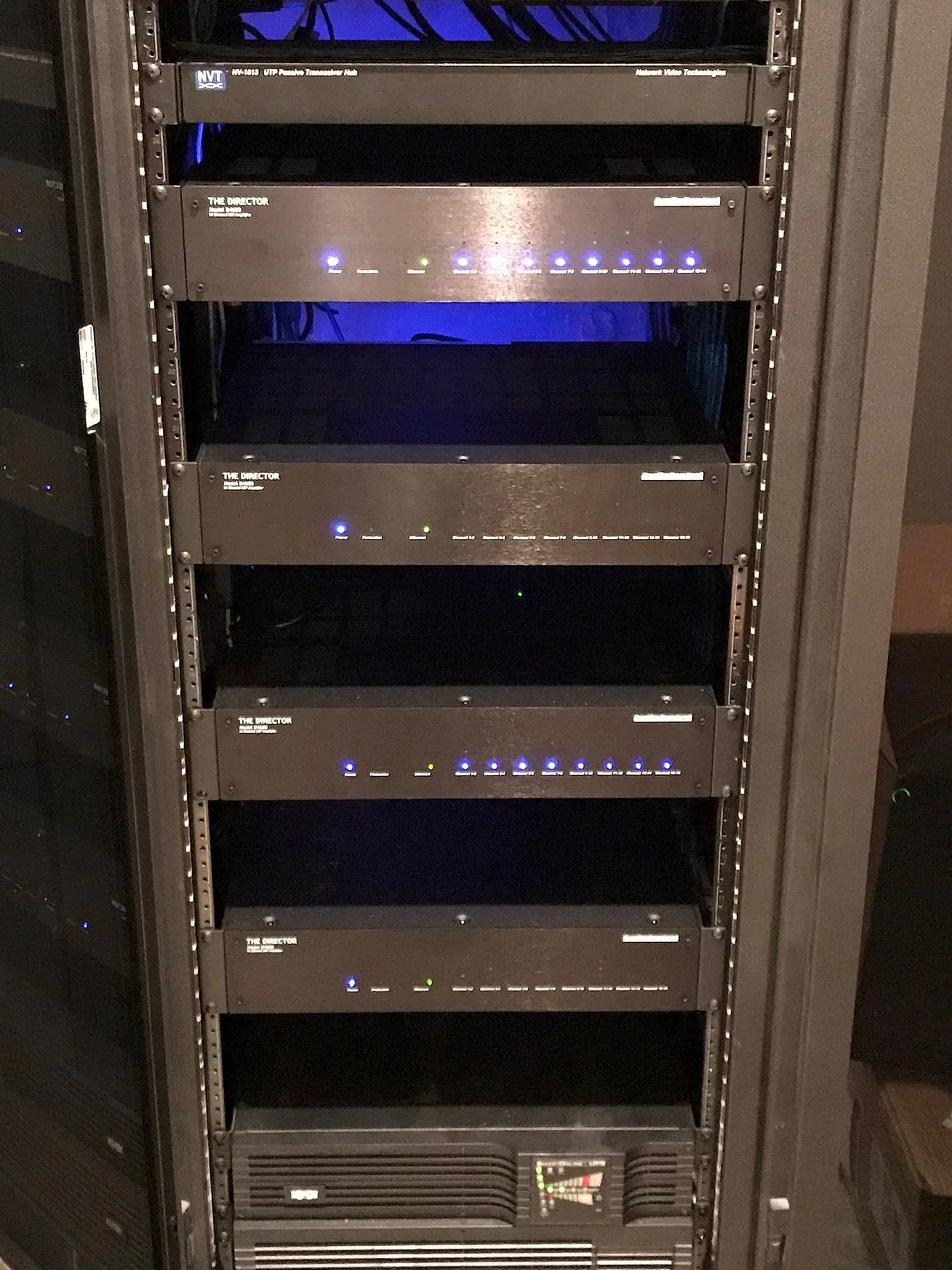 Rack of multichannel audio amplifiers