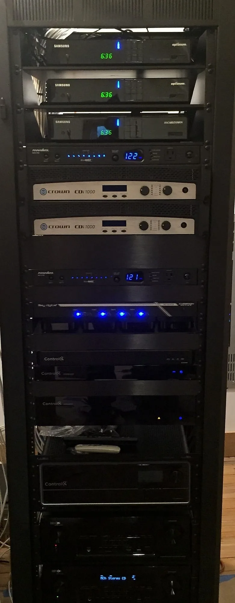 AV equipment mounted in a finished rack