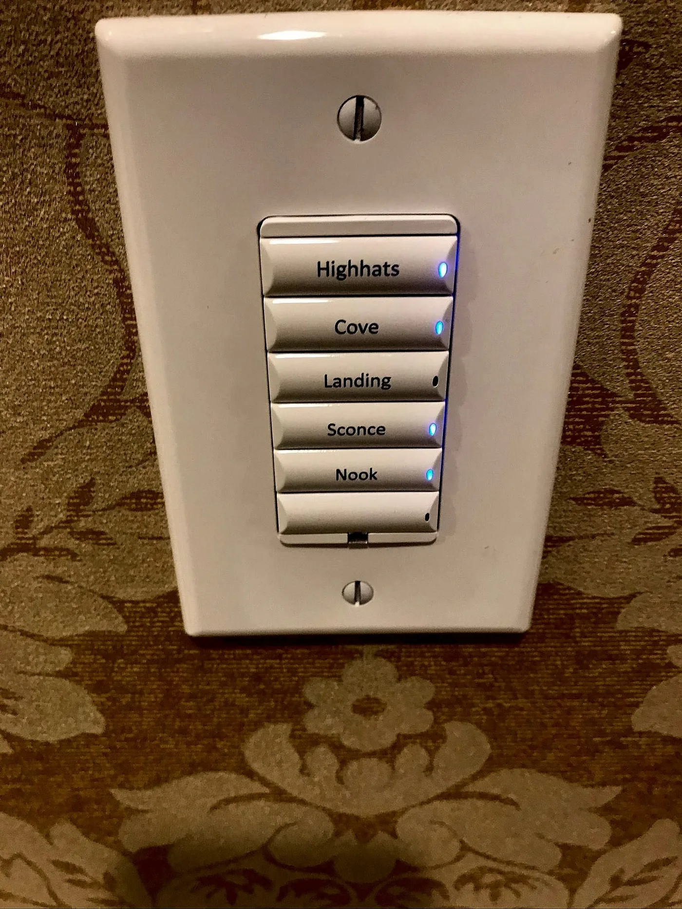Engraved lighting keypad beside patterned wall covering