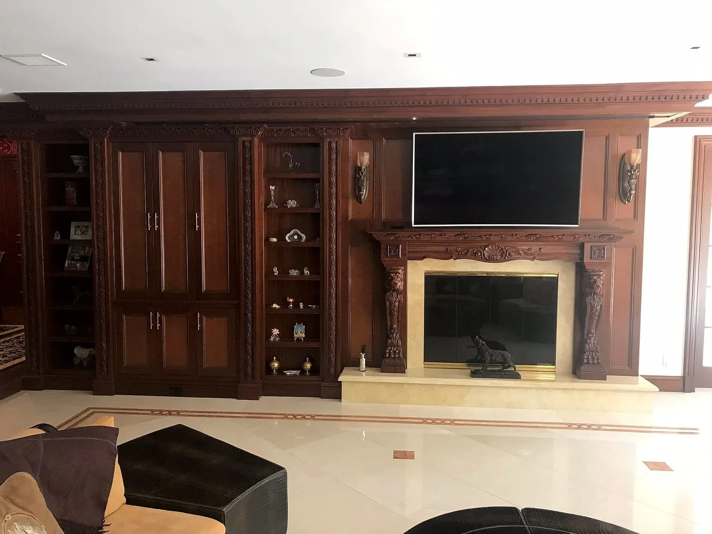 Blank television integrated into wood cabinetry