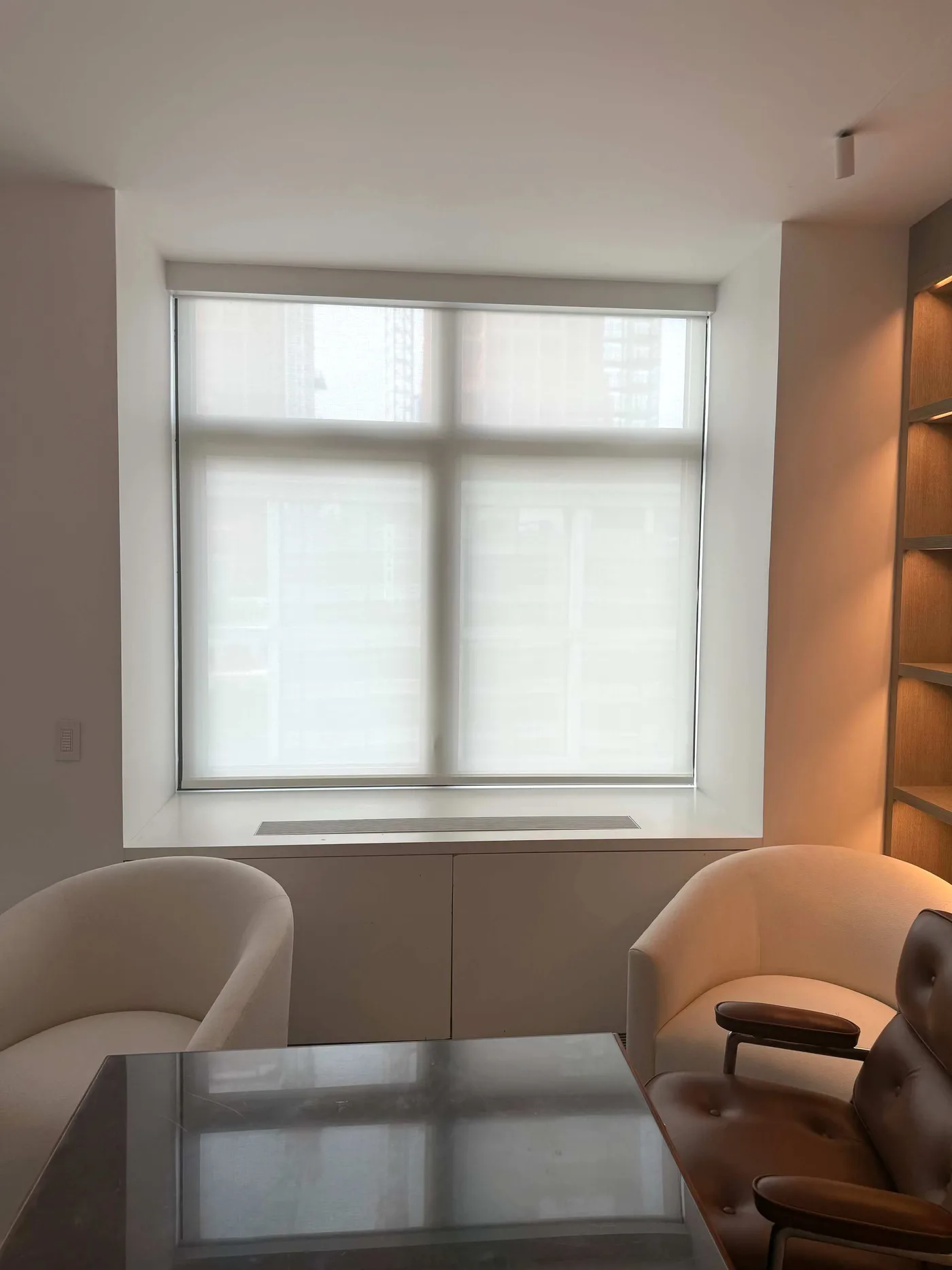 Roller shade fitted within a finished lounge window