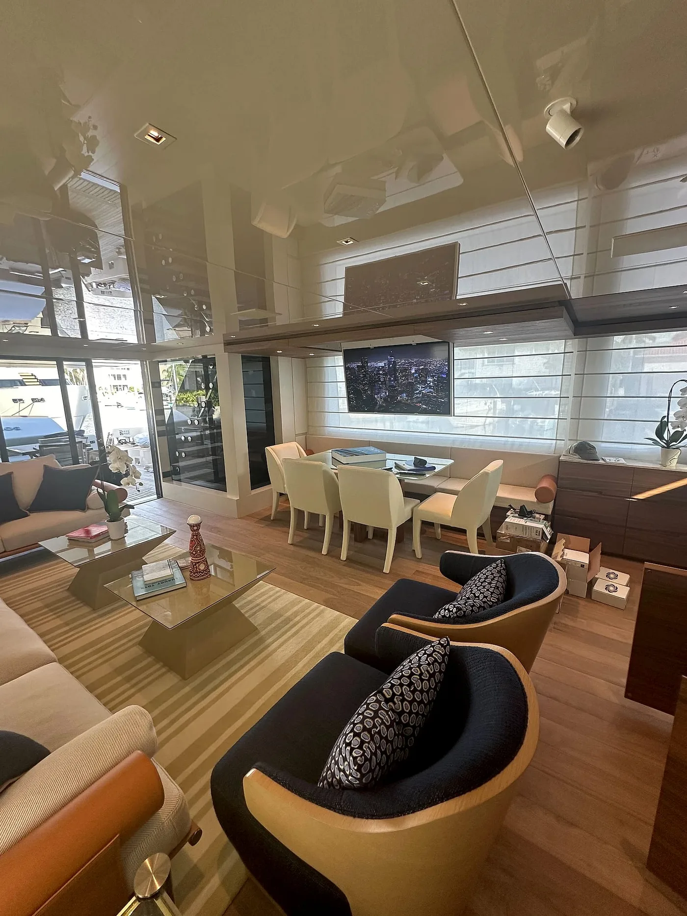 Main salon entertainment aboard a motor yacht