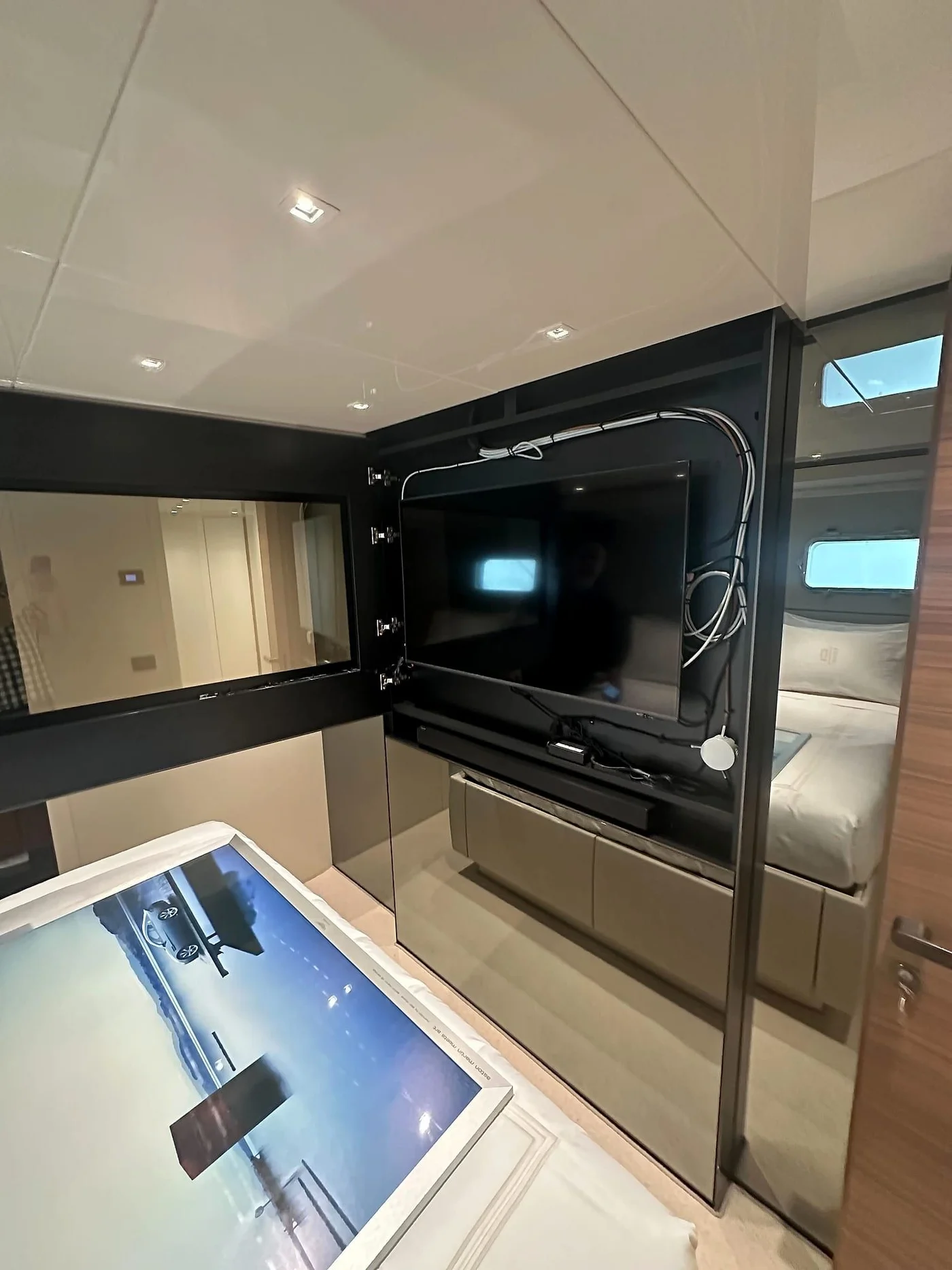 Television installed in a yacht stateroom